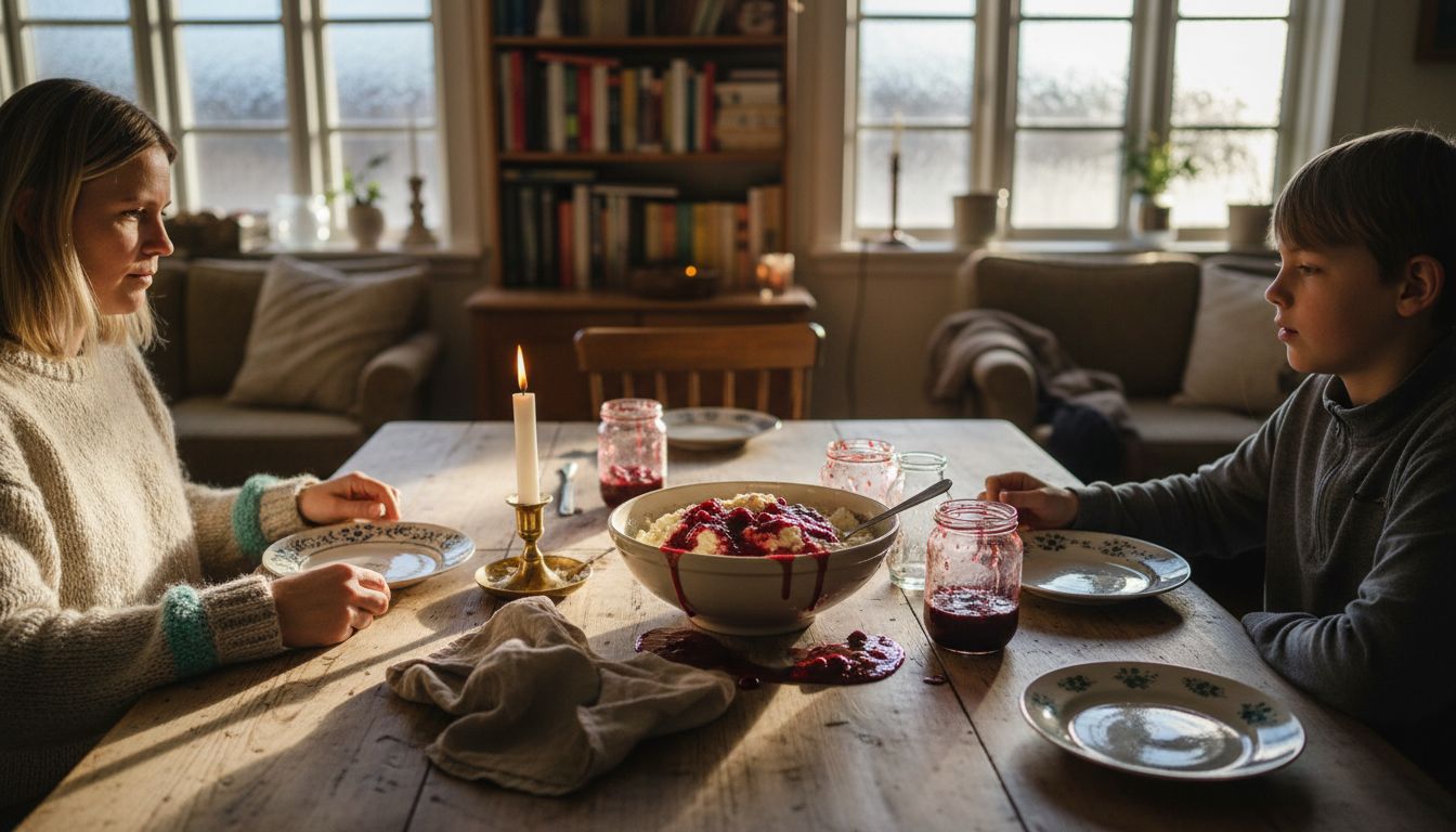 Danish family serving risalamande at Christmas