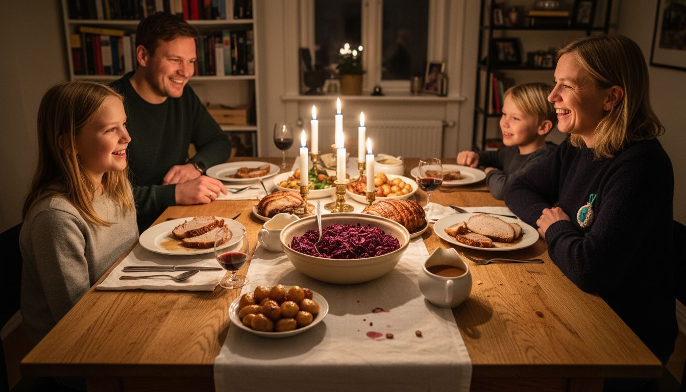 Danish family eating Christmas dinner with red cabbage