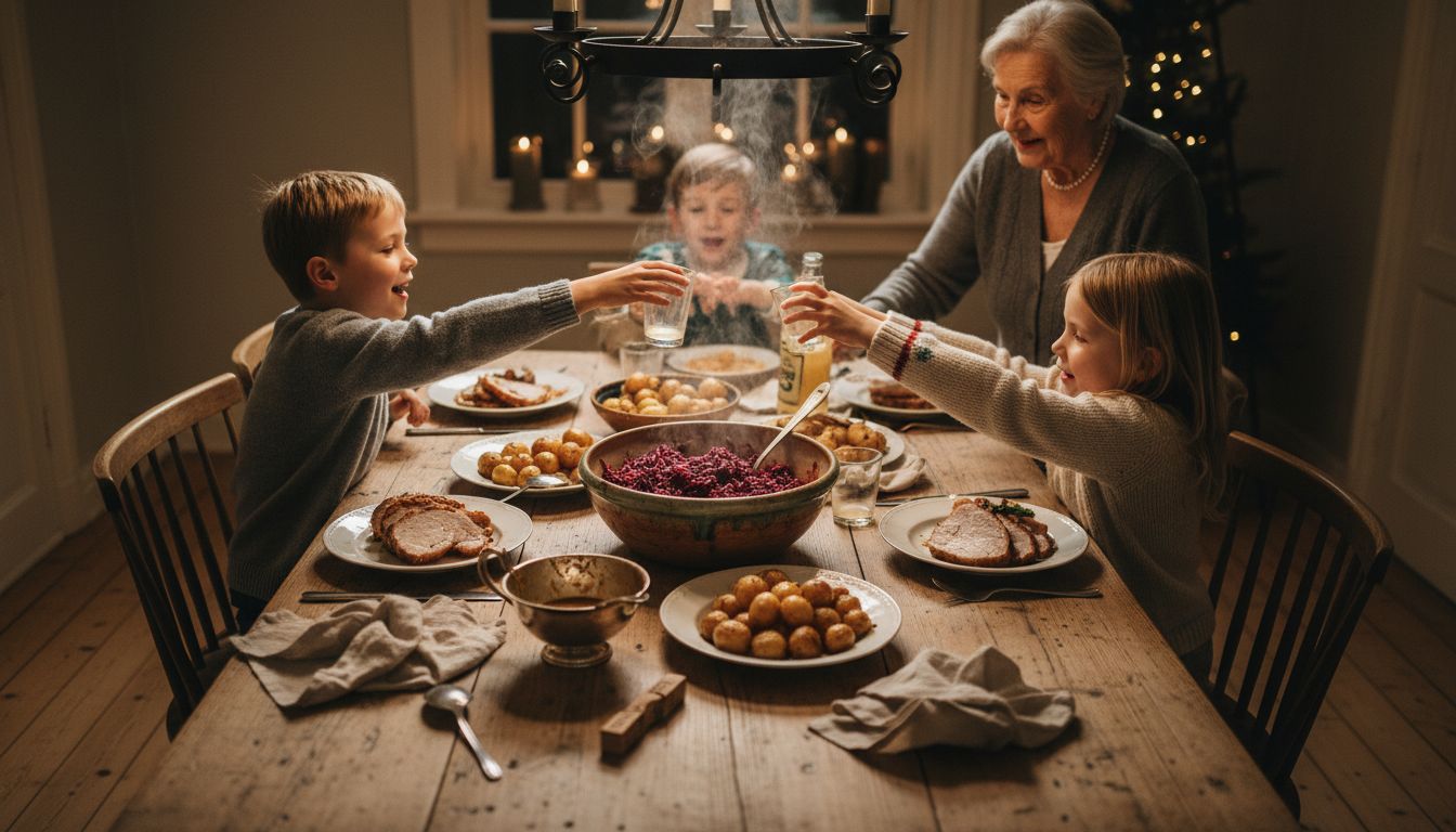 Et klassisk dansk middagsbord med rødkål som en fast del af menuen.