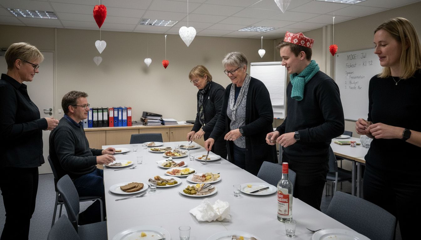 Julefrokost på kontoret med et flot pyntet bord