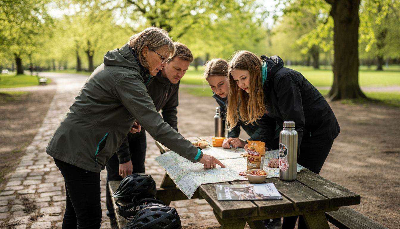 En rejseguide viser familien, hvor de skal hen på kortet, mens de er ude i naturen.