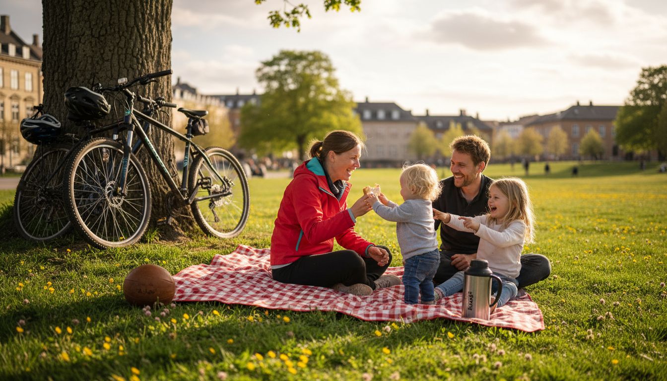 En familie hygger sig med picnic i en dansk park