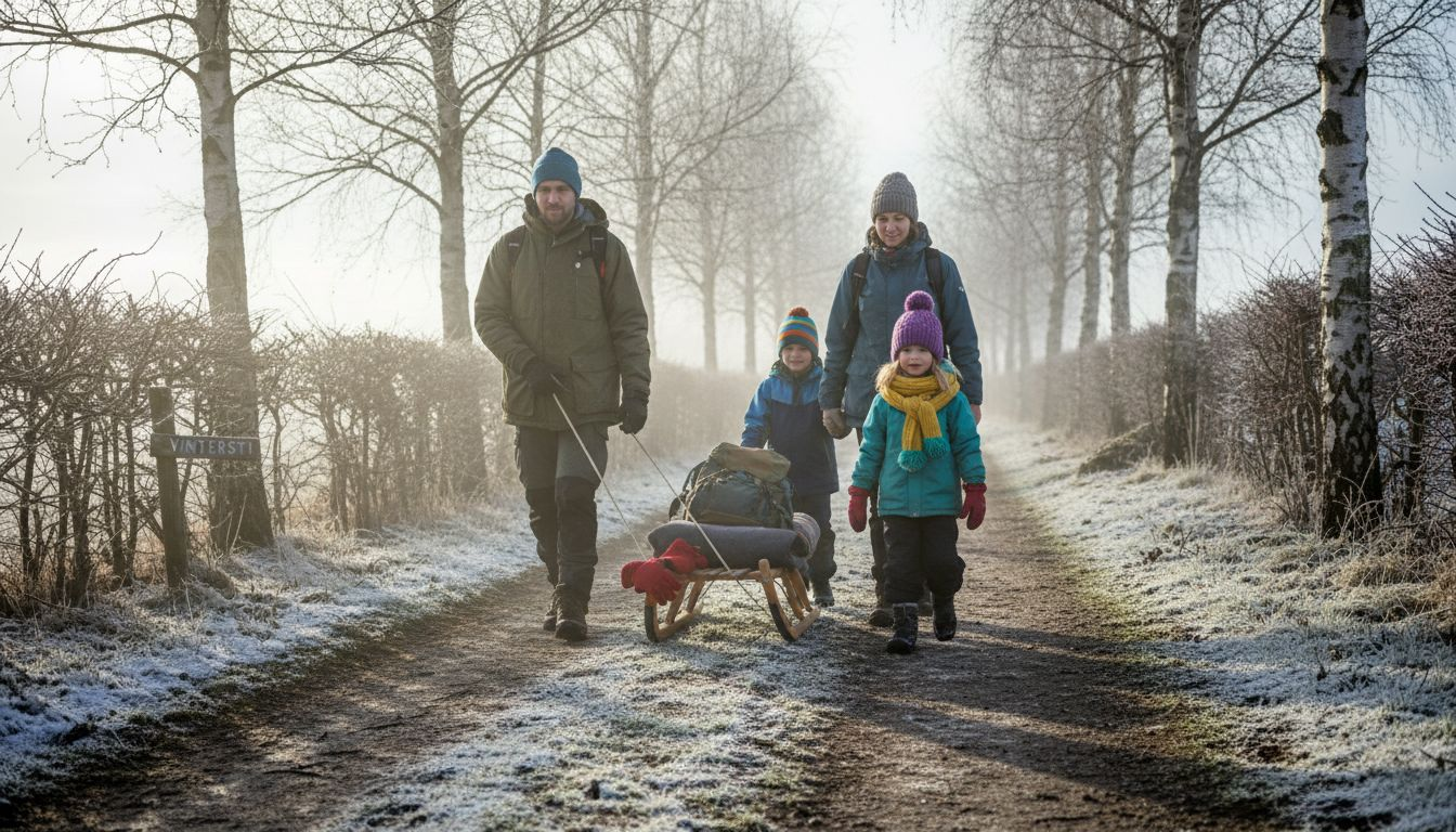 En familie går en tur gennem det danske vinterlandskab med kælk og glade børn.
