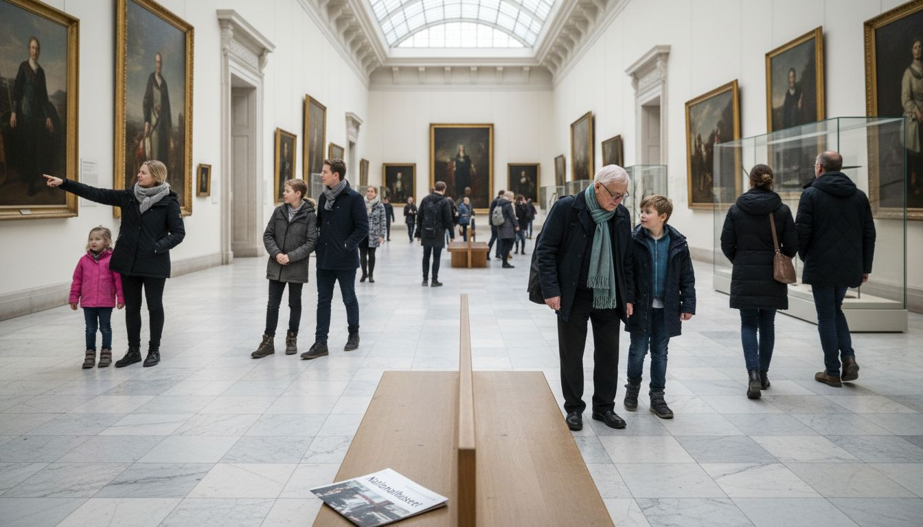 Gæster går på opdagelse i udstillingshallen på et dansk museum