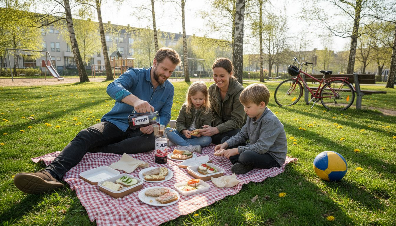 En dansk familie hygger sig med en skovtur i det fri.