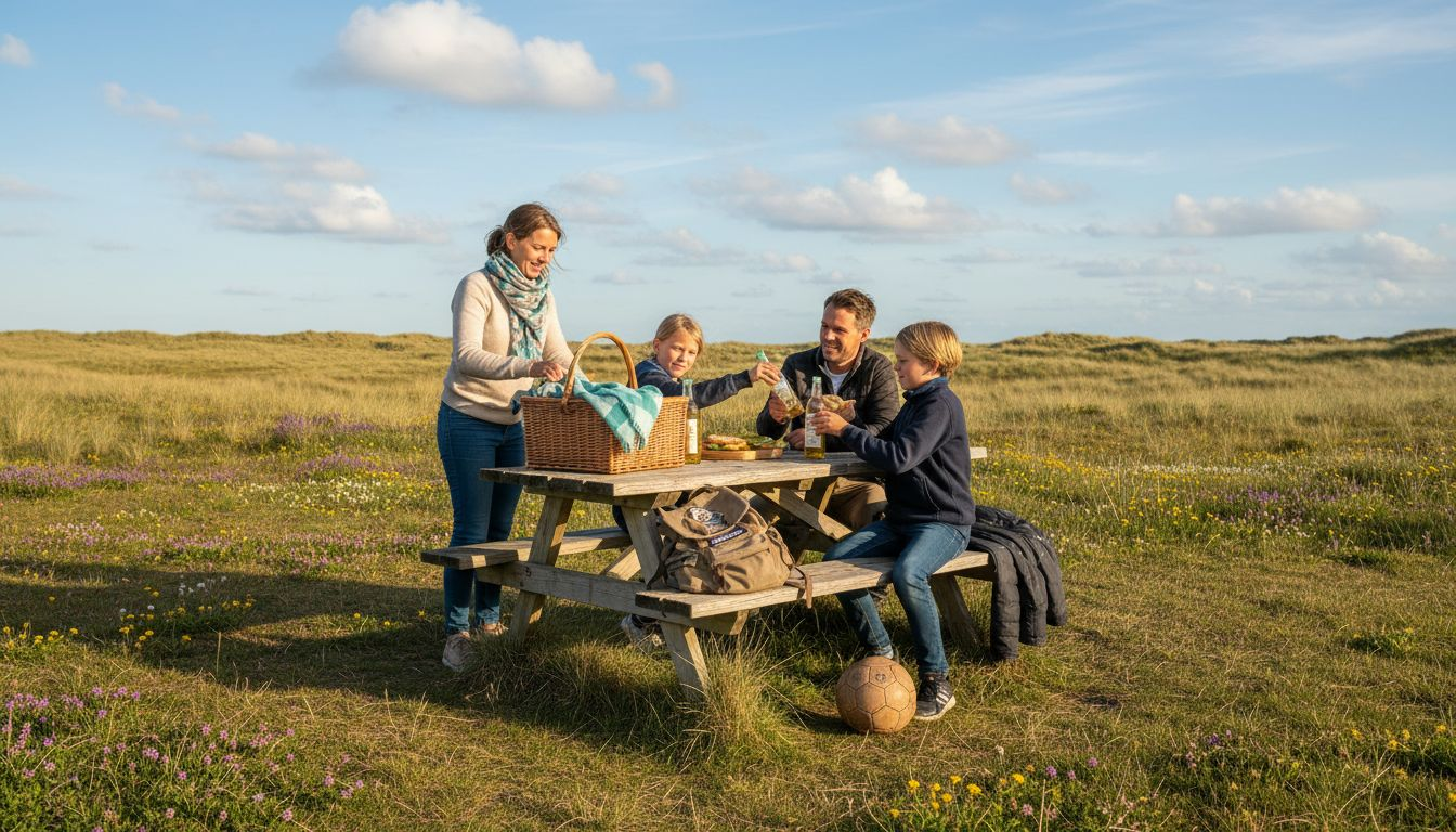 Hyggelig familietur med picnickurv i en dansk kystpark på en varm sommerdag.