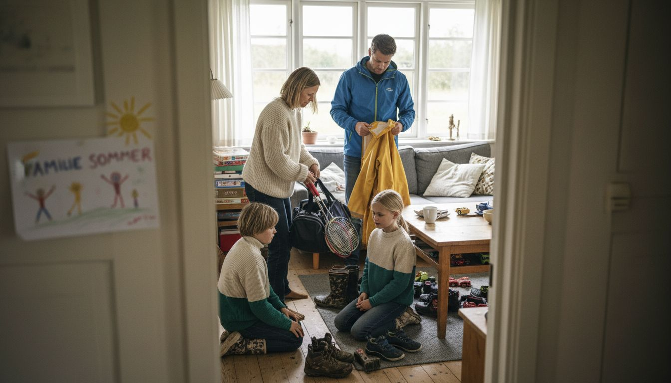 En dansk familie gør klar til en aktiv ferie og finder både cykelhjelme, vandrestøvler og badetøj frem.