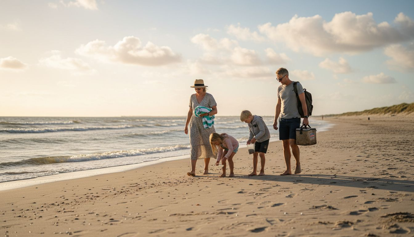 En familie slentrer langs den danske kyst og nyder sommeren og det varme sand under fødderne.