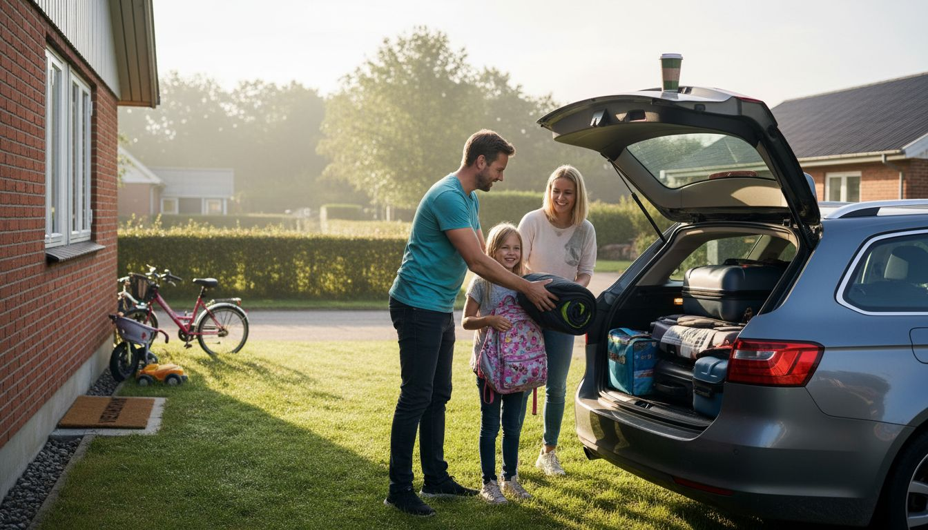 En dansk familie gør klar til bilferien og pakker bilen med alt, hvad de skal bruge til turen.