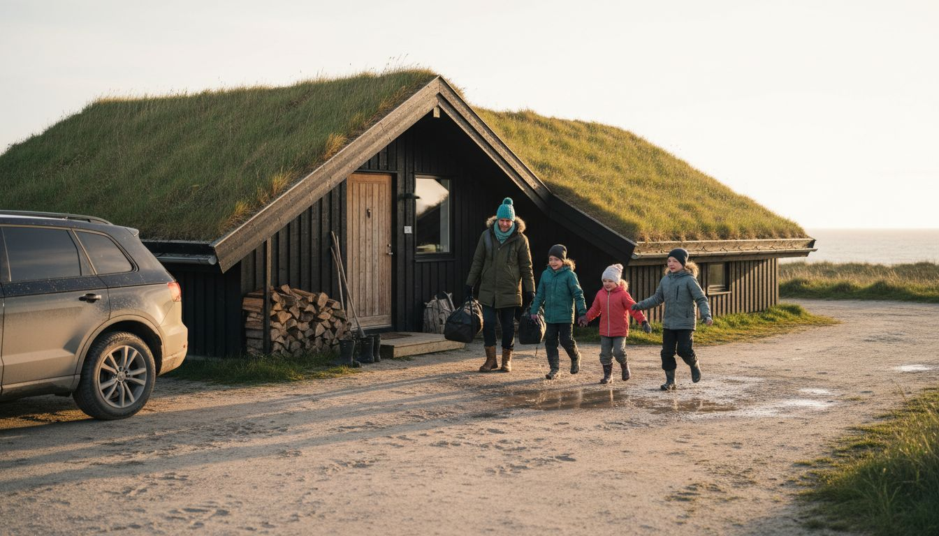 En familie ankommer til deres sommerhus, mens sneen daler stille ned udenfor.