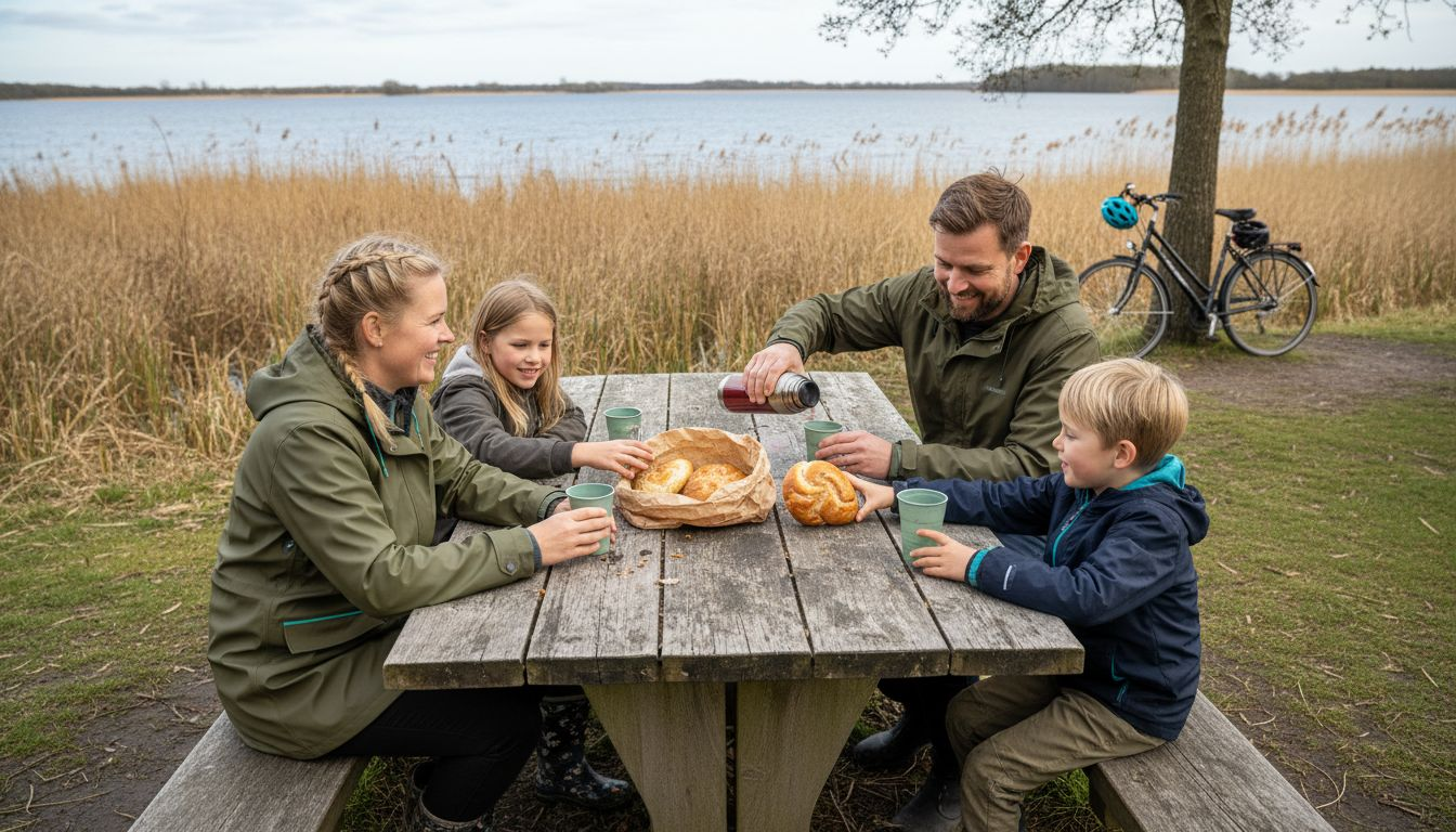 En dansk familie nyder en hyggelig frokost ved bredden af en sø i det jyske landskab.