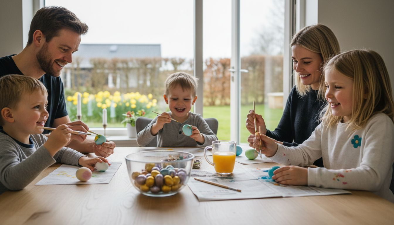 Hele familien samles om spisebordet og hygger sig med at dekorere påskeæg sammen.