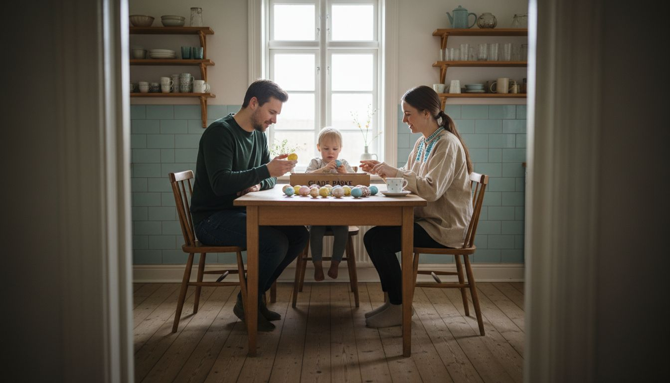 En dansk familie hygger sig med at samle påskeæg rundt om køkkenbordet.