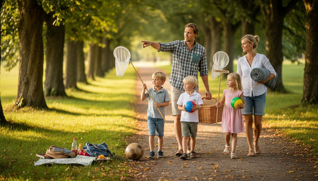 En dansk familie er på vej gennem parken med picnickurven under armen, klar til at nyde en dejlig sommerdag sammen.