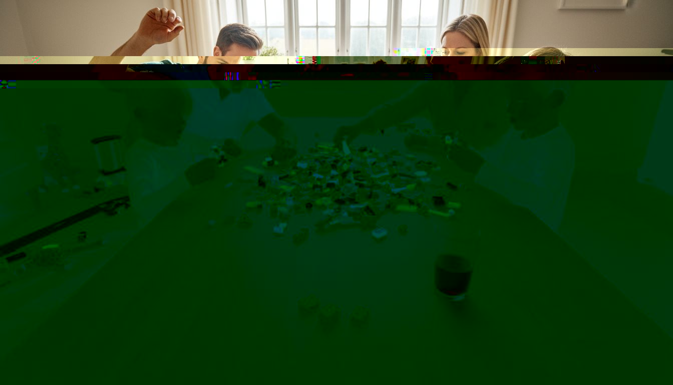 Hele familien samles hjemme ved spisebordet for at bygge LEGO sammen.