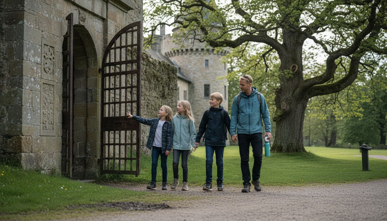 En dansk familie står foran slotsporten