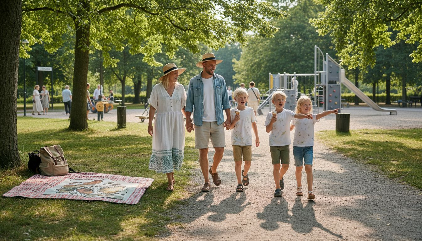 Familien tager på opdagelse blandt de børnevenlige oplevelser i byens park