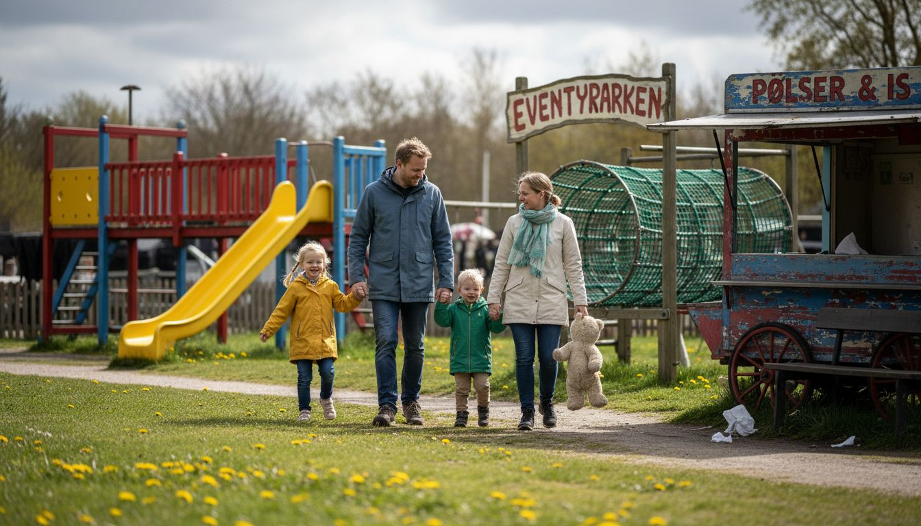 En familie nyder en hyggelig dag sammen i en dansk forlystelsespark