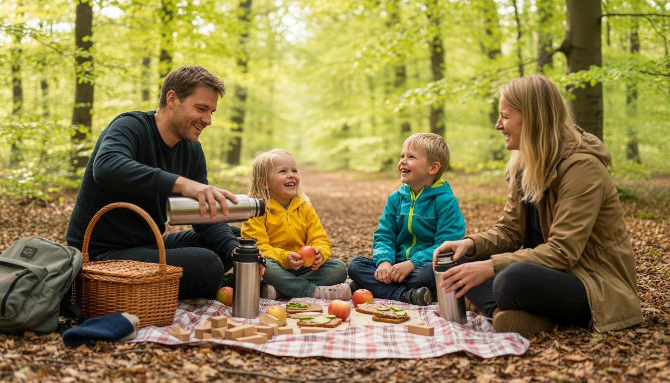 En familie nyder en hyggelig picnic i en solbeskinnet dansk skov.