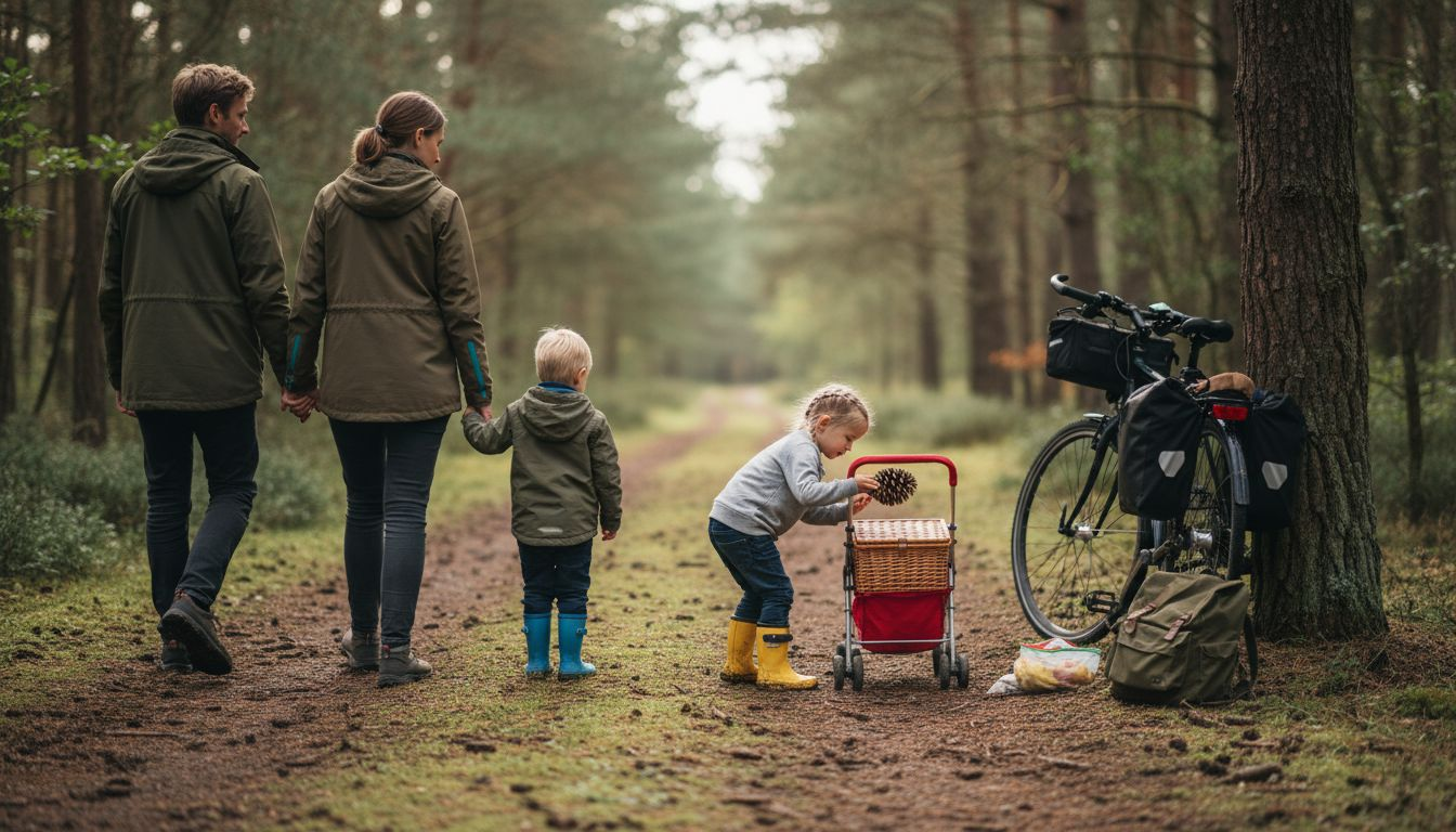 En familie nyder en hyggelig gåtur ad en skovsti i det jyske landskab.