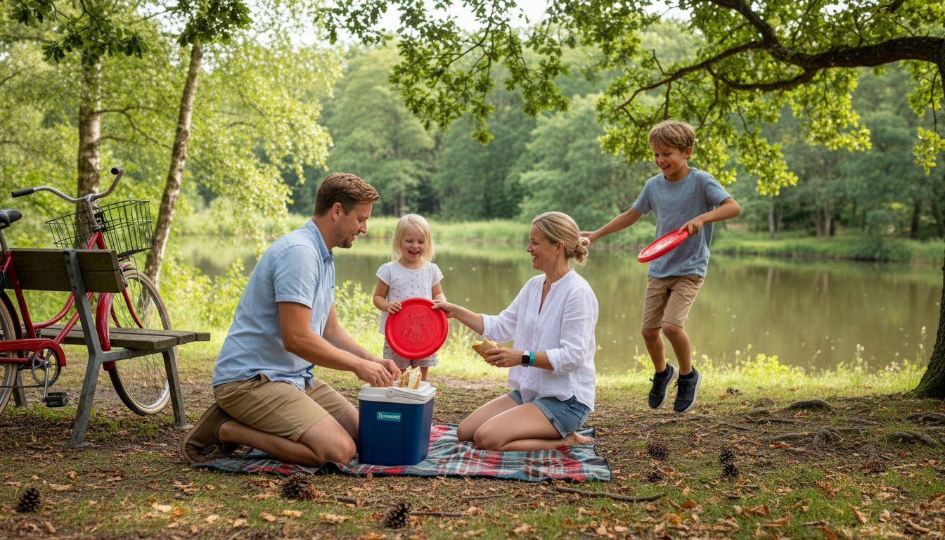 En dansk familie nyder en hyggelig picnic under åben himmel sammen.