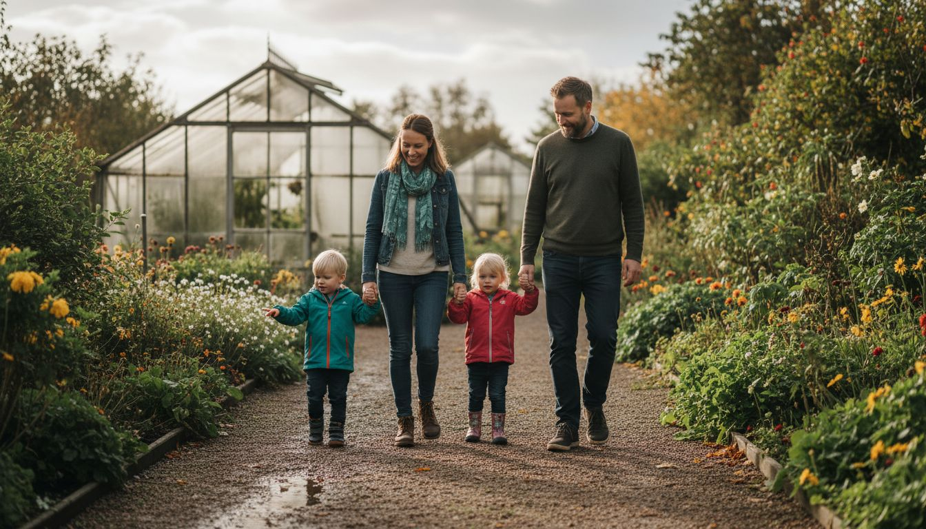 En familie nyder en hyggelig spadseretur gennem den danske botaniske have.