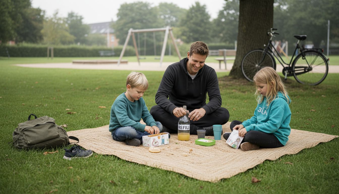 En dansk familie nyder en hyggelig picnic i byens park.