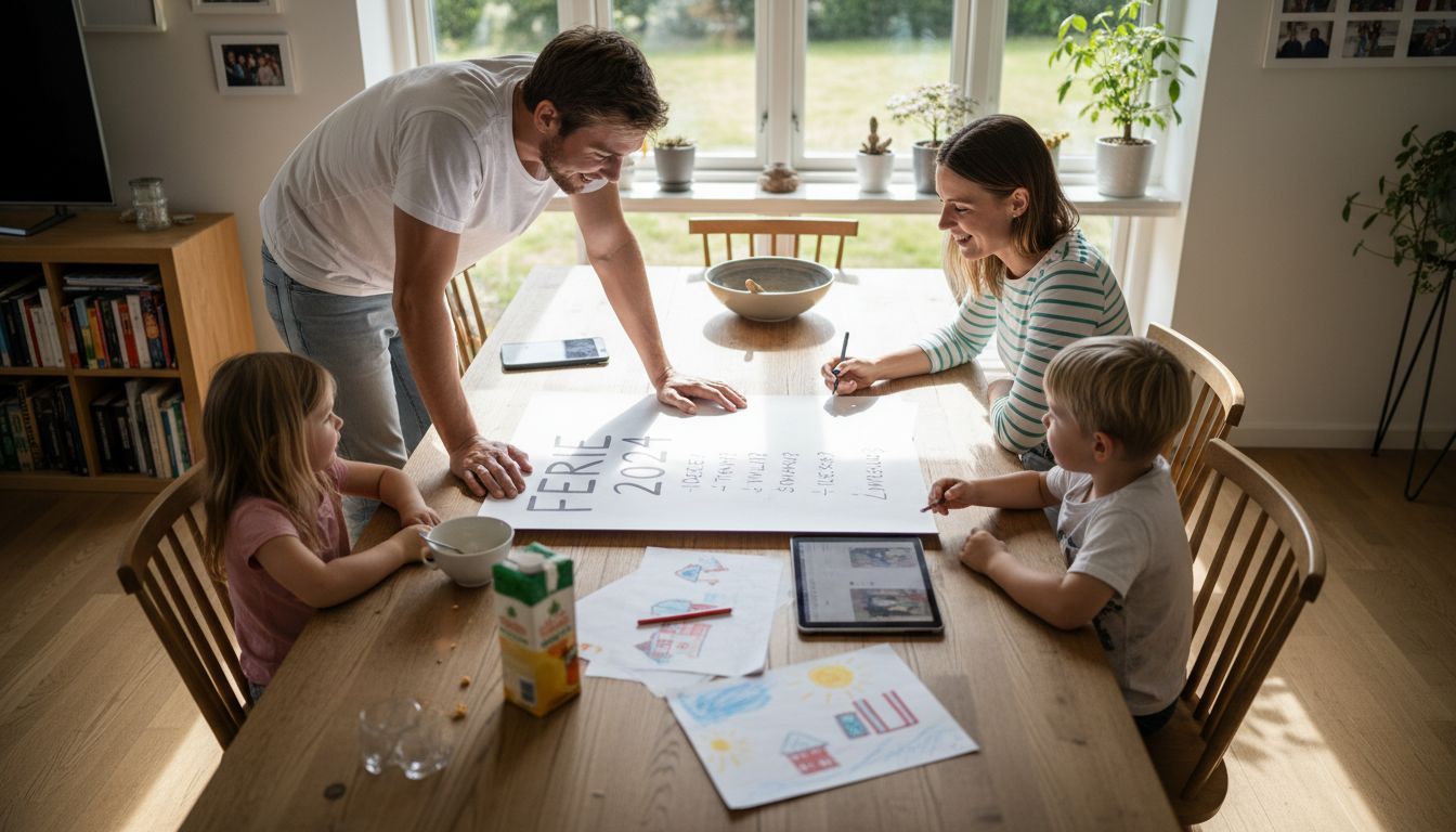 Hele familien samles rundt spisebordet for at lægge planer til forårsferien.