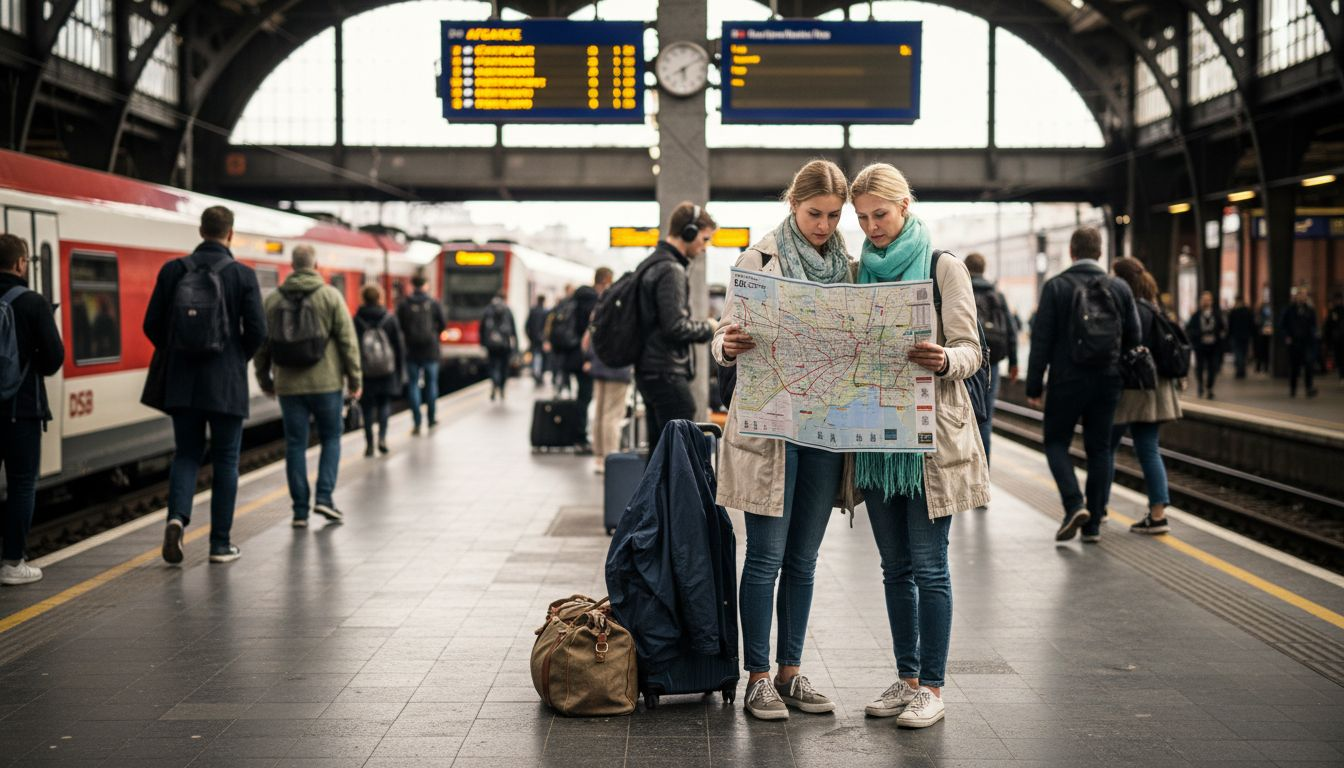 Et par turister står på perronen og forsøger at finde vej ved at studere kortet grundigt.