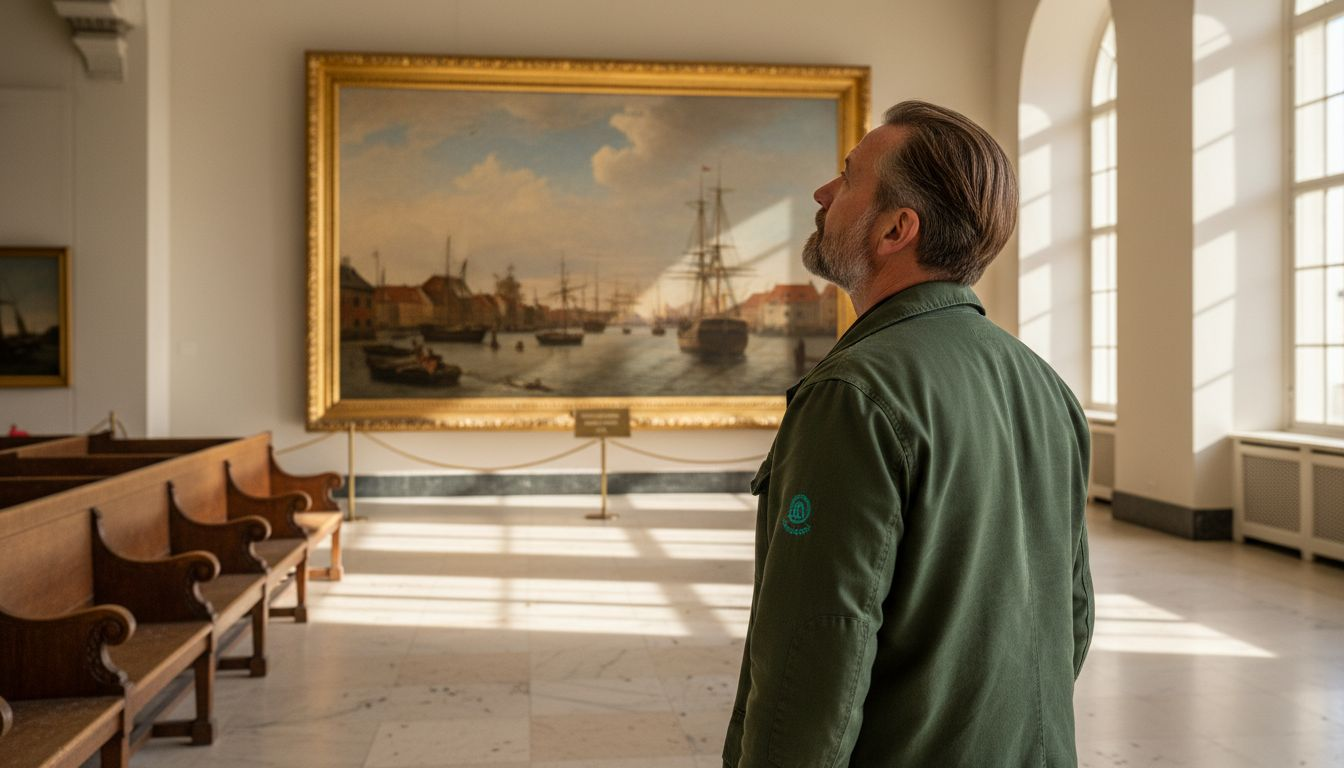 En mand står fordybet foran et maleri på et dansk museum.