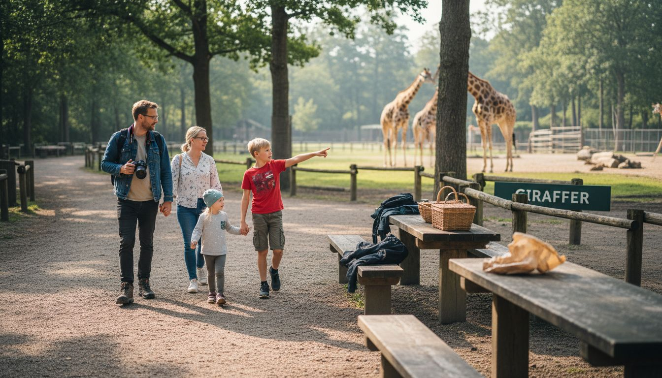En familie tager på udflugt til zoo for at opleve dyrene og hygge sig sammen.
