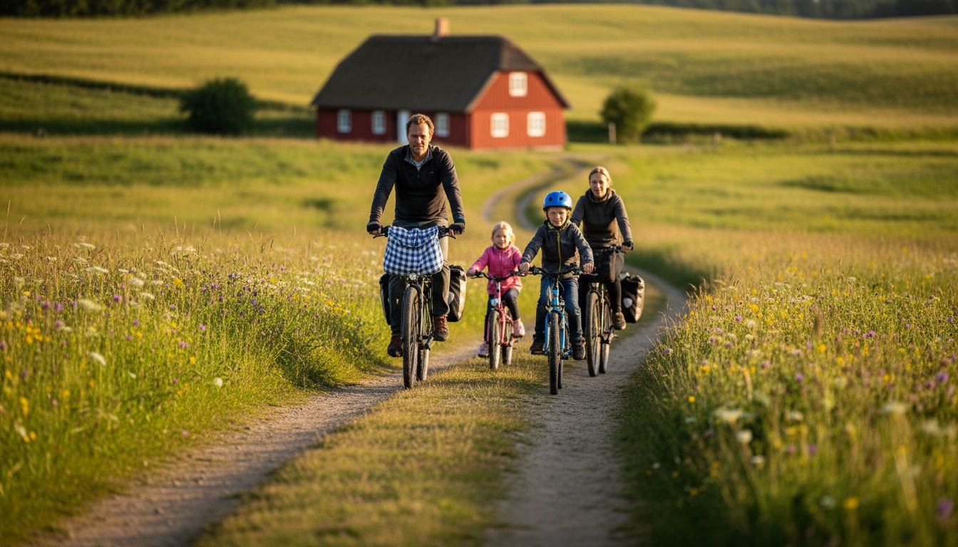 En familie nyder en hyggelig cykeltur langs de små, snoede landeveje på den danske countryside.