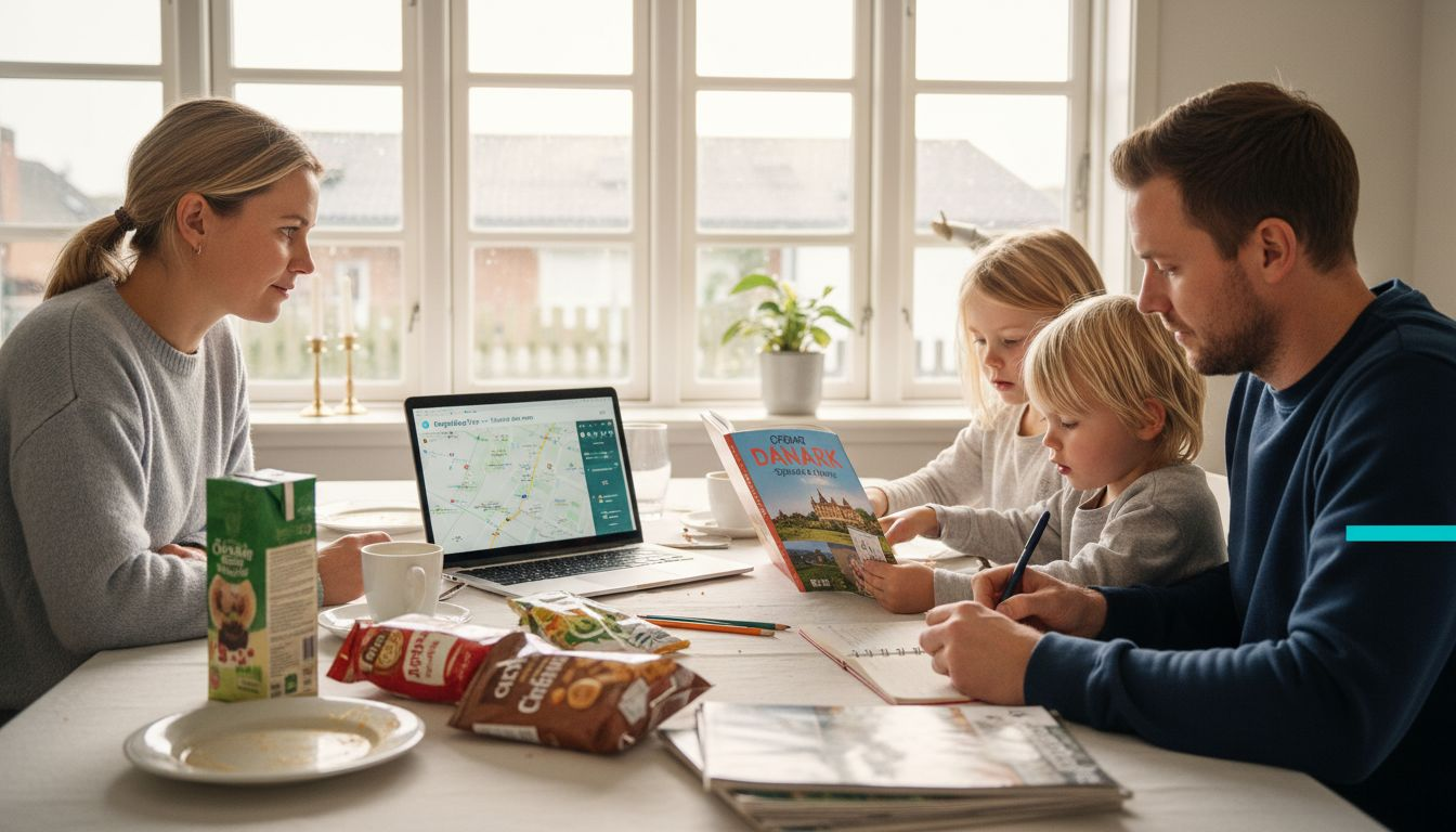 Familien samles om spisebordet for at lægge planer for deres næste udflugt.