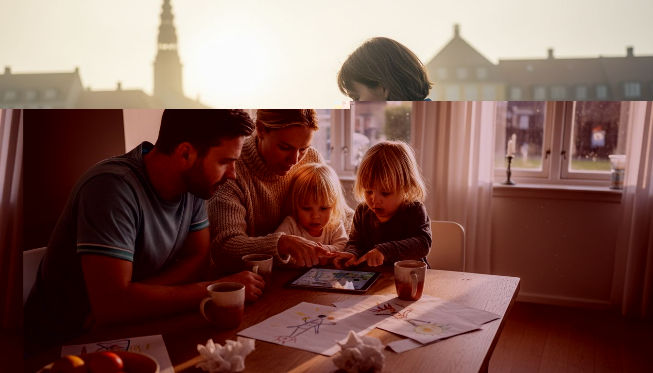 En dansk familie sidder samlet omkring bordet og bruger deres tablet til at planlægge sommerferien.