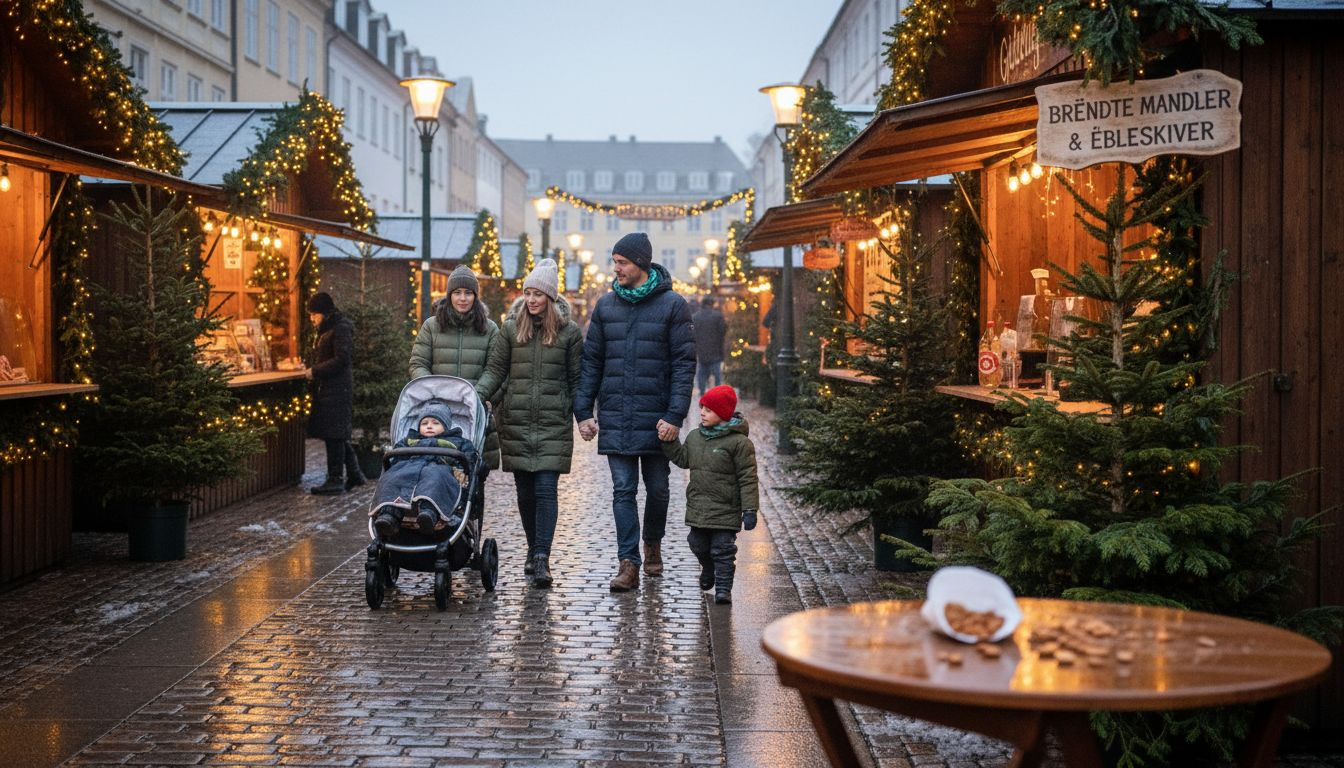 En familie hygger sig på julemarked midt i vinterkulden