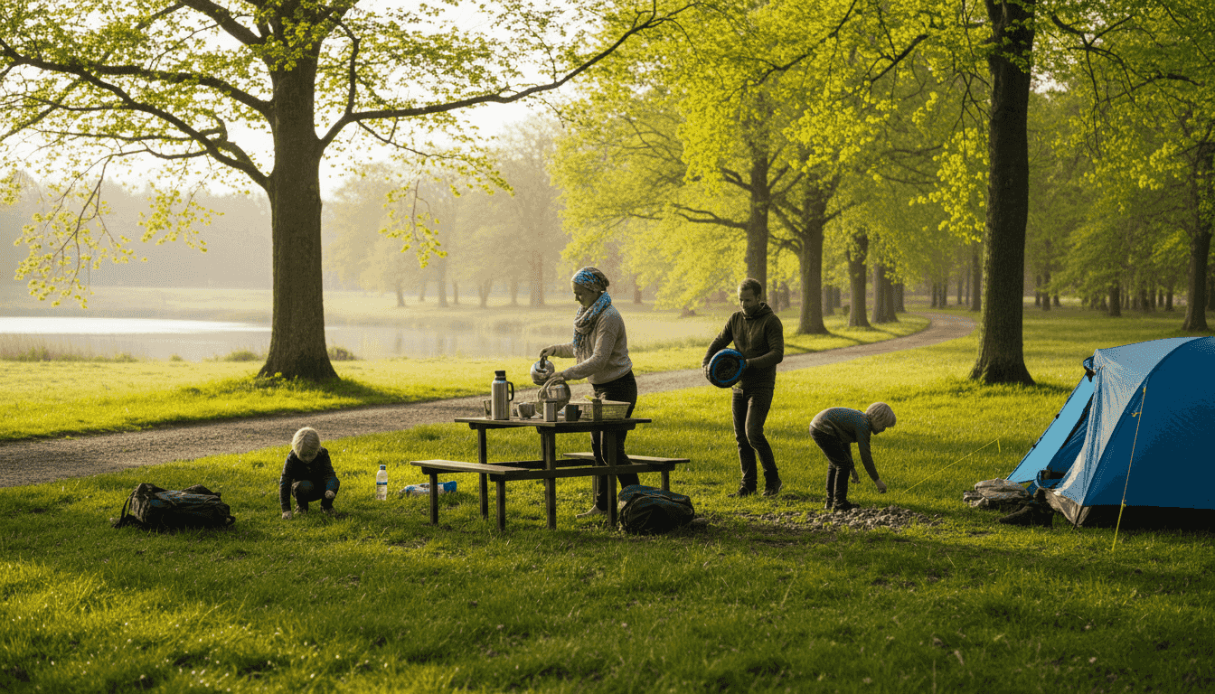En familie nyder en hyggelig campingtur med telt ude på den danske eng.