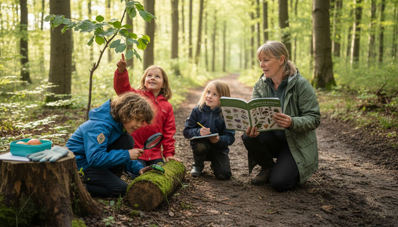 En gruppe børn går på opdagelse i skoven sammen med deres lærer og nyder naturen langs stien.