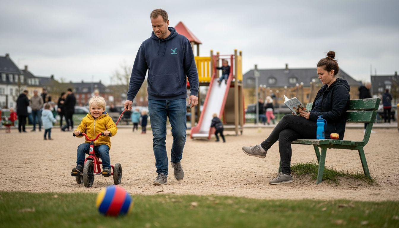 En dansk familie nyder en dag på legepladsen, selvom himlen er grå og skyerne hænger tungt.
