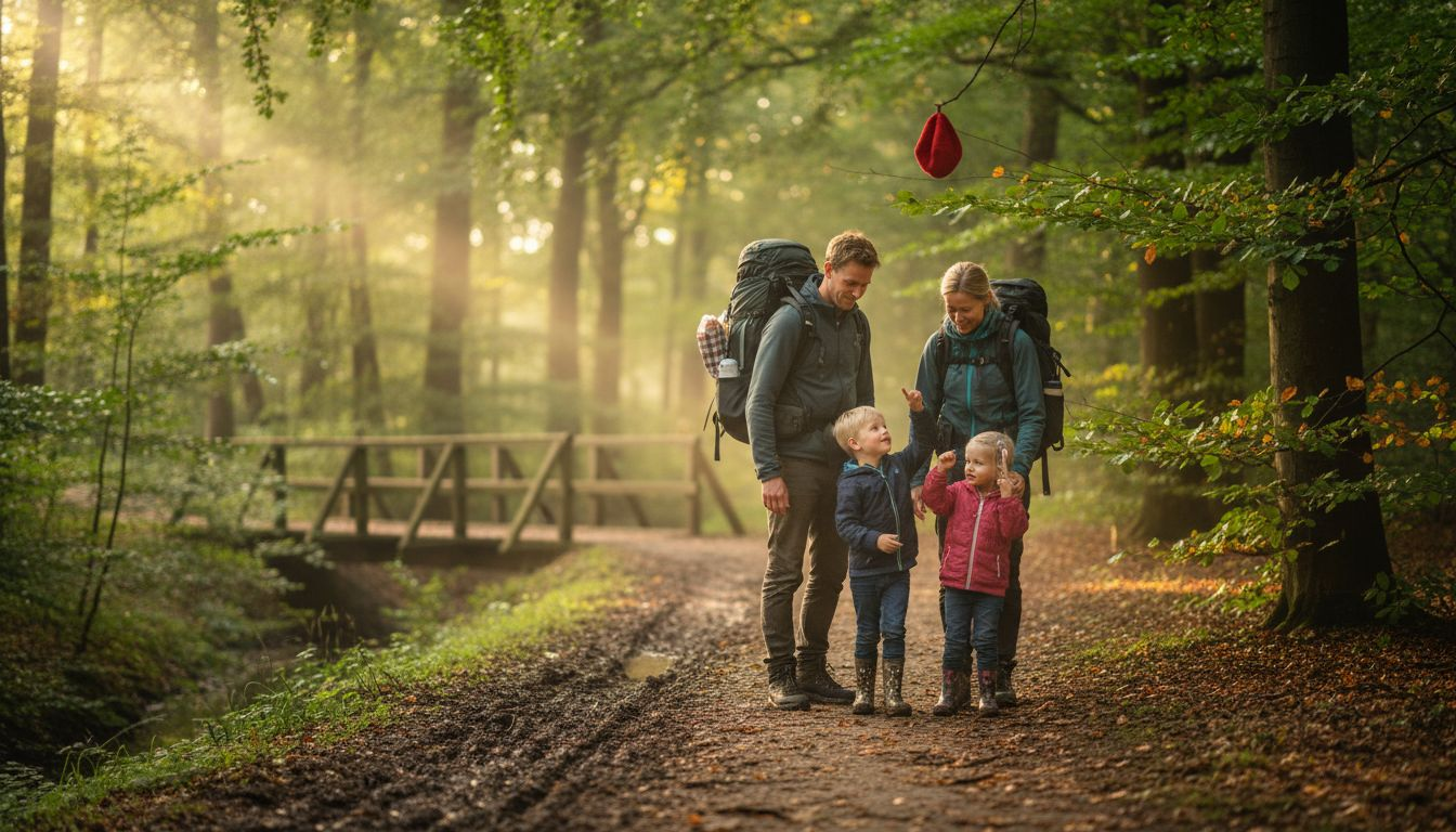 En familie nyder en hyggelig gåtur gennem den grønne danske skov.