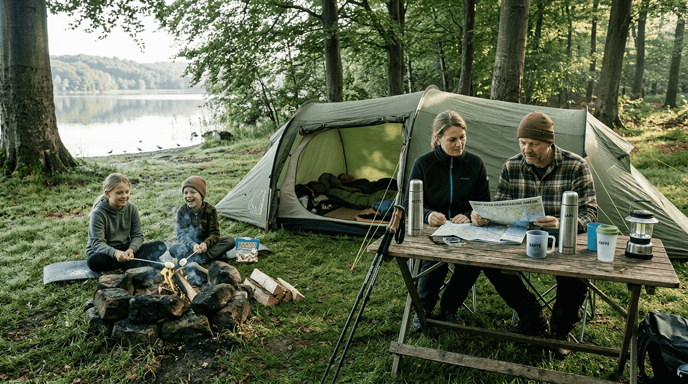 En familie nyder en hyggelig telttur ude i den danske natur