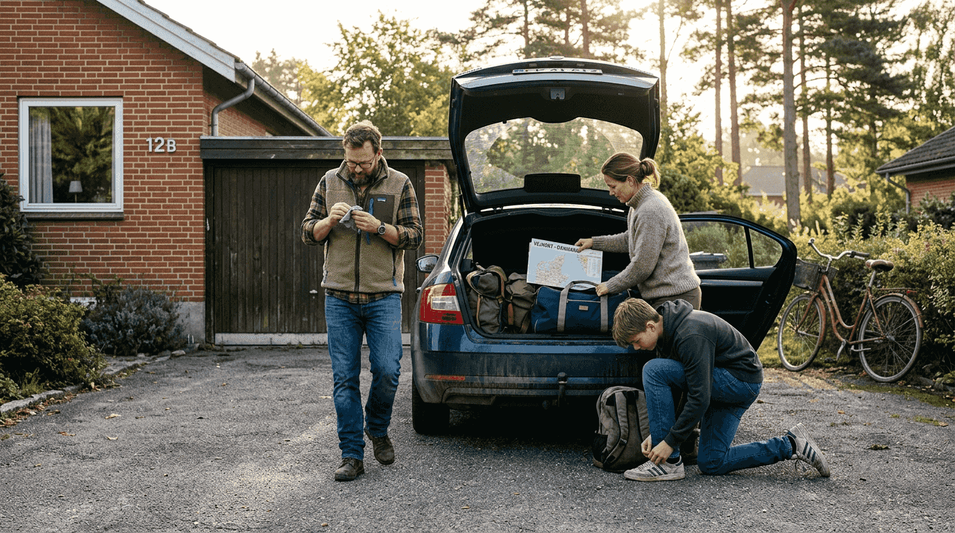 En familie er i gang med at pakke bilen, klar til at tage på bilferie.