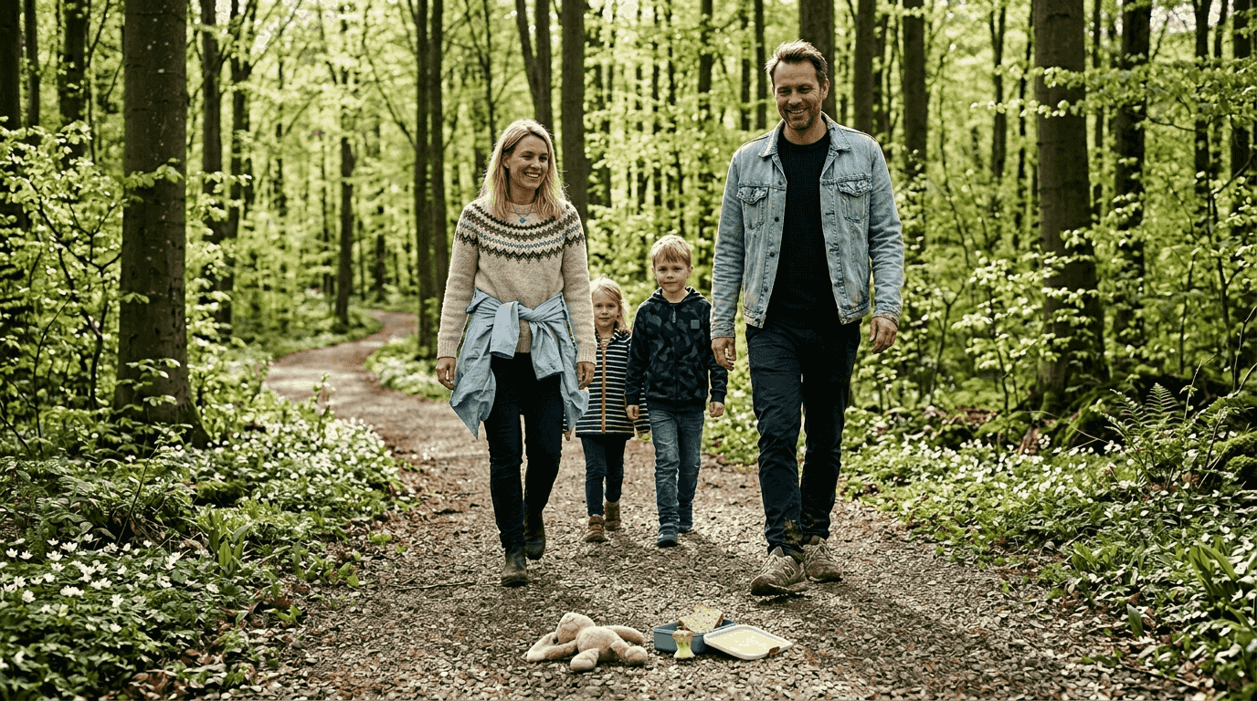 En dansk familie tager på forårstur gennem den grønne bøgeskov og nyder naturen sammen.