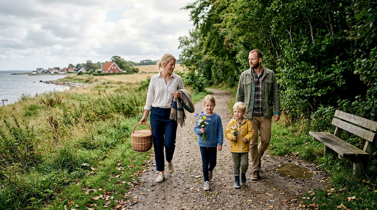 En dansk familie er ude at gå en tur i skoven med en picnickurv under armen, klar til at nyde frokosten i det grønne.