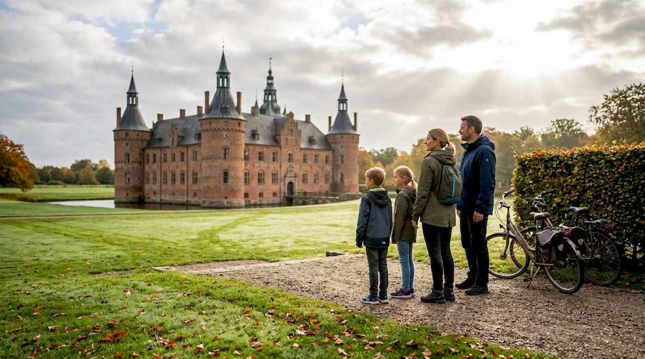 En familie nyder udsigten til et dansk slot i det bløde morgentlys.