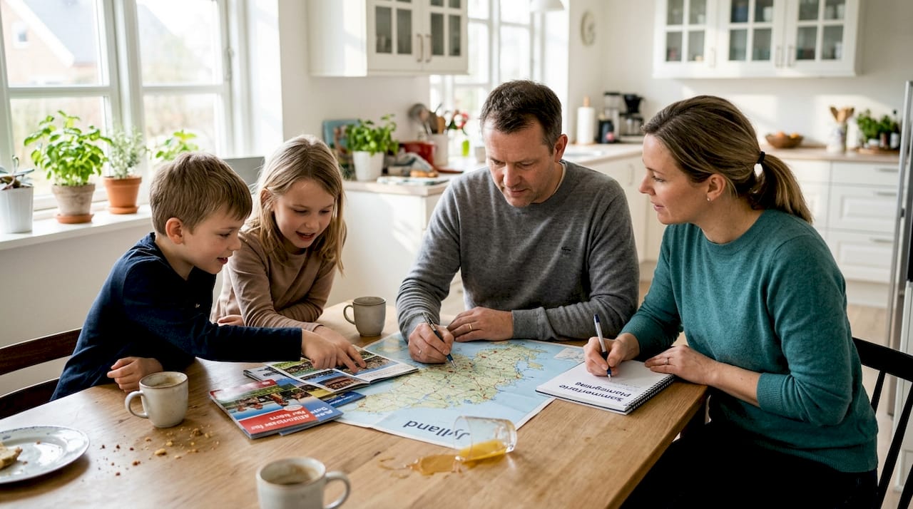 En dansk familie samler sig omkring køkkenbordet for at lægge planer til weekendens udflugt.
