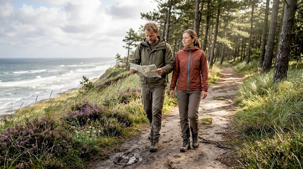 Hikers exploring Danish coastal forest path