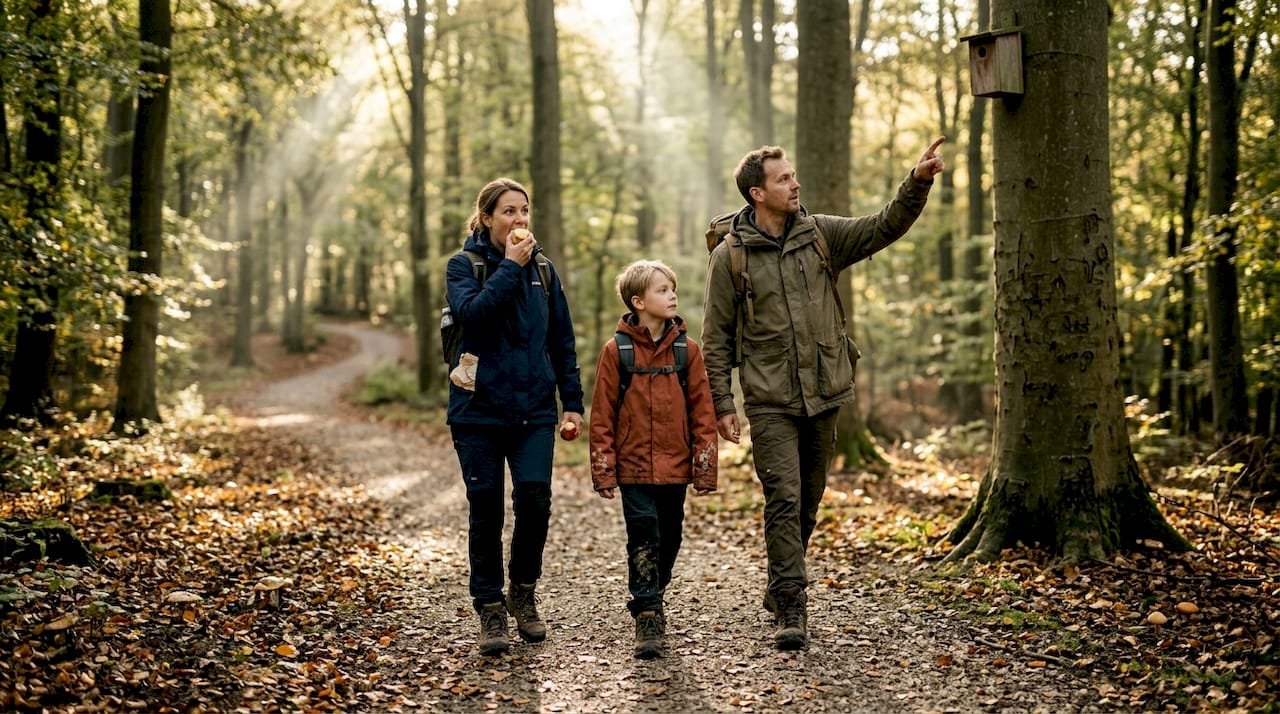 En familie nyder en hyggelig vandretur gennem den grønne bøgeskov.