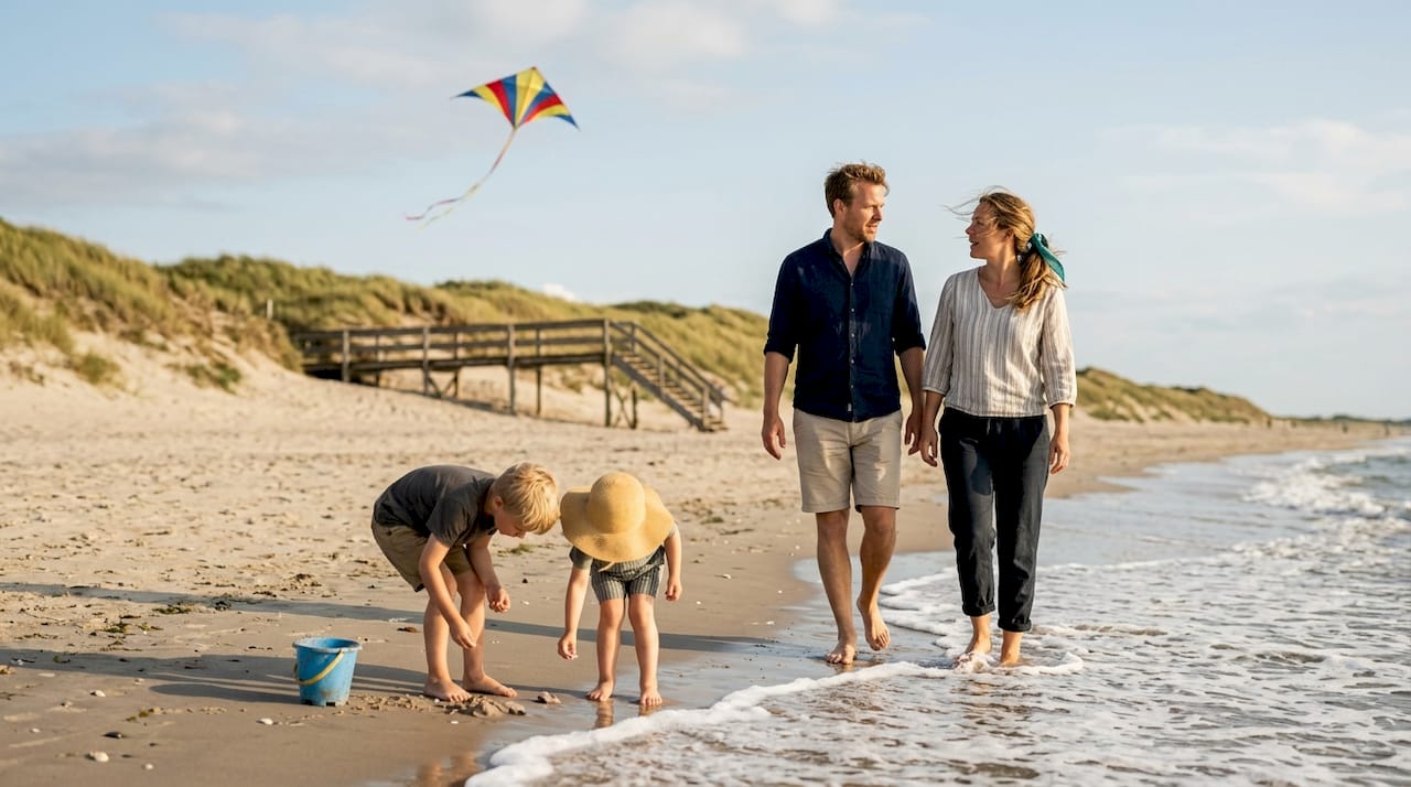 En familie nyder en dejlig sommerdag sammen ved stranden i Danmark.