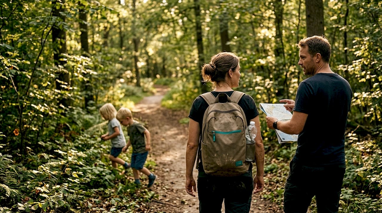 En familie tager på eventyr i den danske skov og går på opdagelse mellem træerne.