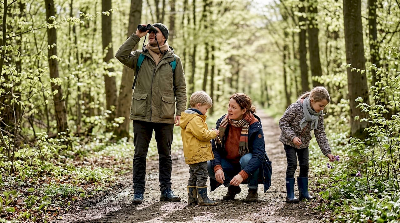 Hele familien tager på forårstur i skoven og nyder den friske luft og de lysegrønne omgivelser.